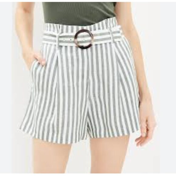LOFT Belted Shorts in Striped Linen Blend - Picture 1 of 4